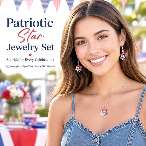 4th of July Earrings for Women Patriotic Red White Blue American Flag Star Dangle Earrings Pendant Necklace 4th of July Accessories Independence Day Jewelry Set 250 Anniversary USA Outfits Gifts in Saudi Arabia