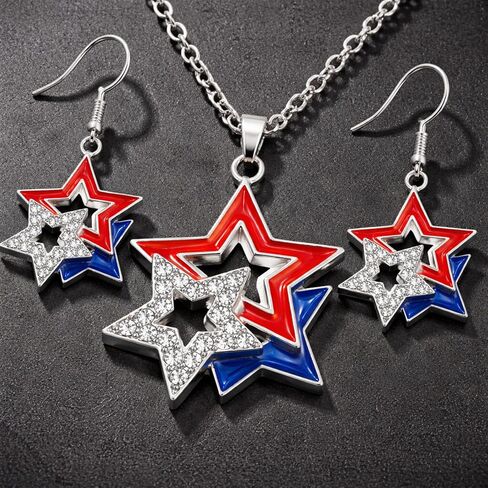 4th of July Earrings for Women Patriotic Red White Blue American Flag Star Dangle Earrings Pendant Necklace 4th of July Accessories Independence Day Jewelry Set 250 Anniversary USA Outfits Gifts in Saudi Arabia