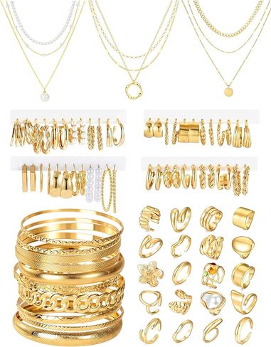 83 Pcs Gold Jewelry Set for Women Fashion Multi Layered Necklaces Stackable Bangle Bracelets Knuckle Rings Hoop Earrings Gold Plated Jewelry Accessories in Saudi Arabia