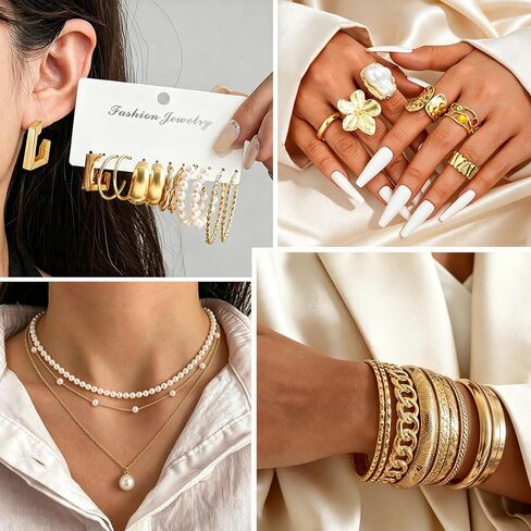 83 Pcs Gold Jewelry Set for Women Fashion Multi Layered Necklaces Stackable Bangle Bracelets Knuckle Rings Hoop Earrings Gold Plated Jewelry Accessories in Saudi Arabia