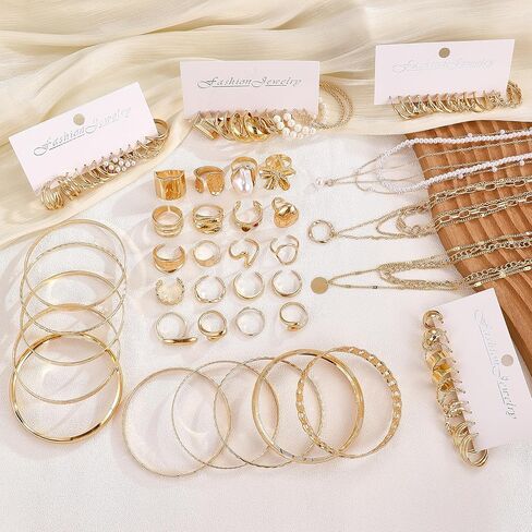 83 Pcs Gold Jewelry Set for Women Fashion Multi Layered Necklaces Stackable Bangle Bracelets Knuckle Rings Hoop Earrings Gold Plated Jewelry Accessories in Saudi Arabia