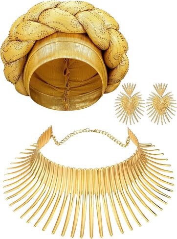 Yinkin African Jewelry Set for Women African Turban Collar Choker Earrings Gold Statement Tooth Shape Tribal for Halloween Party(Flowering Style) in Kuwait