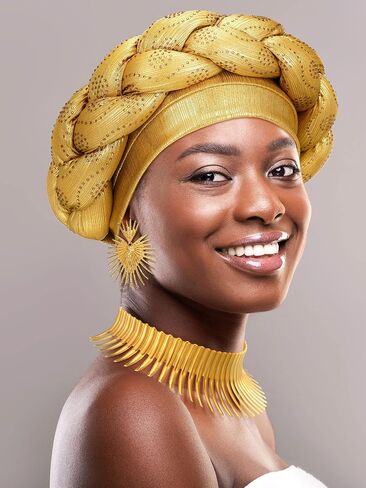 Yinkin African Jewelry Set for Women African Turban Collar Choker Earrings Gold Statement Tooth Shape Tribal for Halloween Party(Flowering Style) in Kuwait