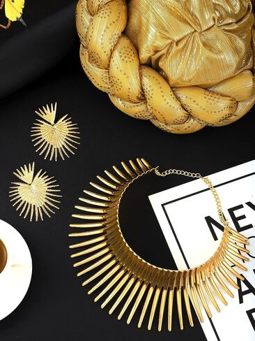 Yinkin African Jewelry Set for Women African Turban Collar Choker Earrings Gold Statement Tooth Shape Tribal for Halloween Party(Flowering Style) in Kuwait