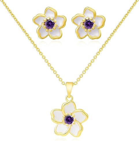 Flower Necklace Earrings Set for Women 14K Gold Plated Hypoallergenic Sets Pair with Different Birthstones for Wedding Party Bridal Bridesmaid Accessories Teacher Valentine Gifts in Saudi Arabia