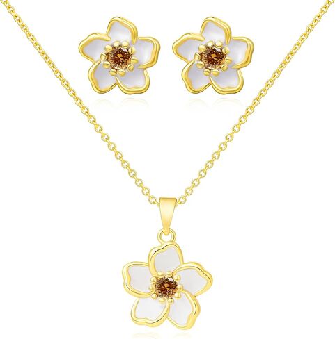 Flower Necklace Earrings Set for Women 14K Gold Plated Hypoallergenic Sets Pair with Different Birthstones for Wedding Party Bridal Bridesmaid Accessories Teacher Valentine Gifts in Kuwait