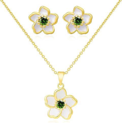Flower Necklace Earrings Set for Women 14K Gold Plated Hypoallergenic Sets Pair with Different Birthstones for Wedding Party Bridal Bridesmaid Accessories Teacher Valentine Gifts in Kuwait
