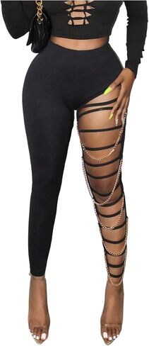WDIRARA Women's Cut Out Chain Leggings High Waisted Stretchy Skinny Pants Rave Clubwear in Kuwait
