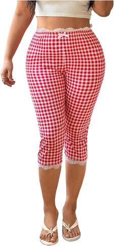 GORGLITTER Women's Plus Size Gingham Capri Leggings Y2k Lace Trim Plaid High Waisted 3/4 Length Cropped Pants in Kuwait