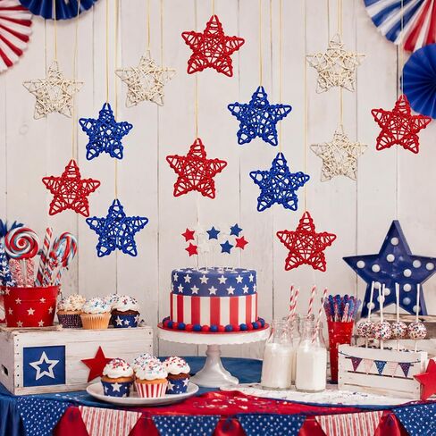 Avxdbr 18 Pcs 4th of July Patriotic Rattan Star Decorations Red White and Blue Stars Decor for Independence Day Memorial Day Home Table Decor Vase Fillers DIY Craft Supplies in Kuwait