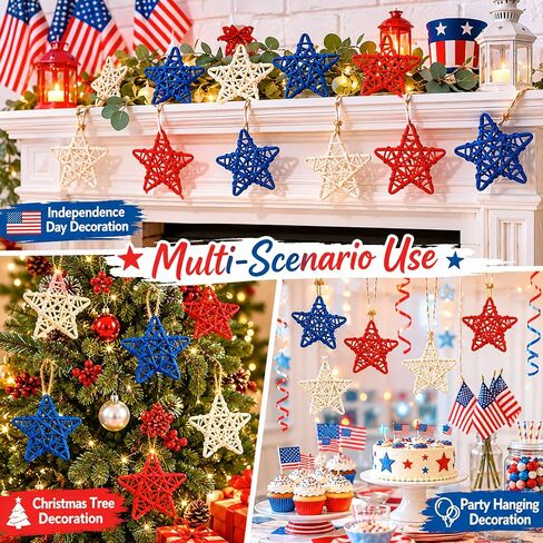 Avxdbr 18 Pcs 4th of July Patriotic Rattan Star Decorations Red White and Blue Stars Decor for Independence Day Memorial Day Home Table Decor Vase Fillers DIY Craft Supplies in Kuwait