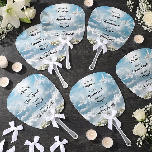 50 Pcs Funeral Favors for Guests Memorial Fans with Handles Bows Celebration of Life Gifts for Summer Sympathy Funeral Return Souvenirs Decorations in Kuwait