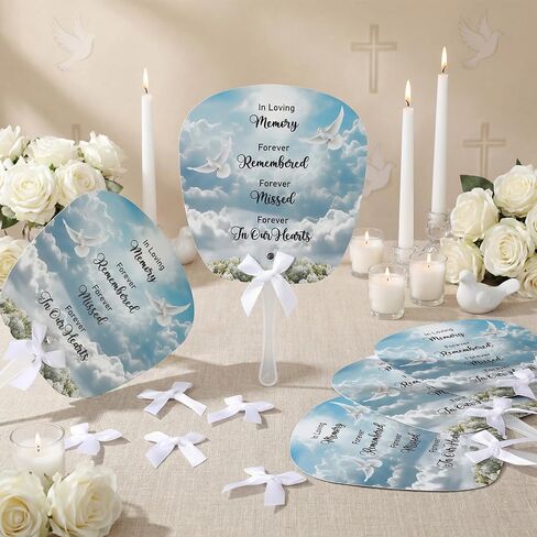 50 Pcs Funeral Favors for Guests Memorial Fans with Handles Bows Celebration of Life Gifts for Summer Sympathy Funeral Return Souvenirs Decorations in Kuwait