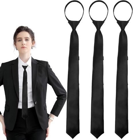 Black Pre Tied Zipper Tie for Women Men, 3 Pcs Adjustable Necktie with Secure Lock, Solid Color Clip On Tie for School Uniform Office Business Formal Cosplay in Saudi Arabia