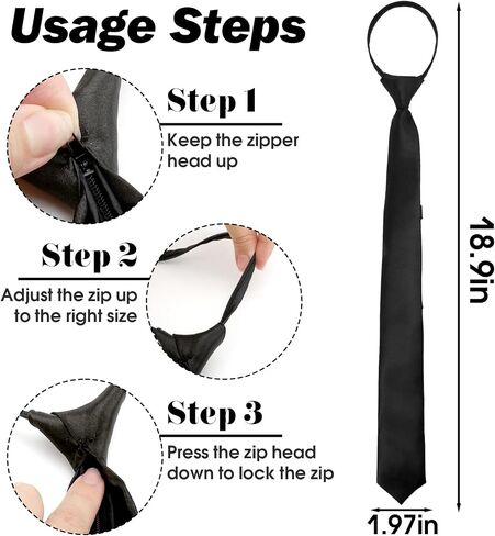 Black Pre Tied Zipper Tie for Women Men, 3 Pcs Adjustable Necktie with Secure Lock, Solid Color Clip On Tie for School Uniform Office Business Formal Cosplay in Saudi Arabia