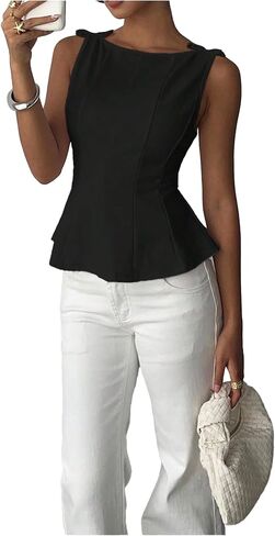 OYOANGLE Women's Sleeveless Bow Peplum Tank Tops Boat Neck Babydoll Blouses Cinched Waist Dressy Going Out Tops in Kuwait