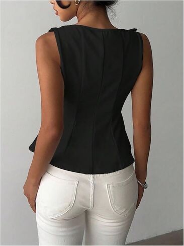 OYOANGLE Women's Sleeveless Bow Peplum Tank Tops Boat Neck Babydoll Blouses Cinched Waist Dressy Going Out Tops in Kuwait