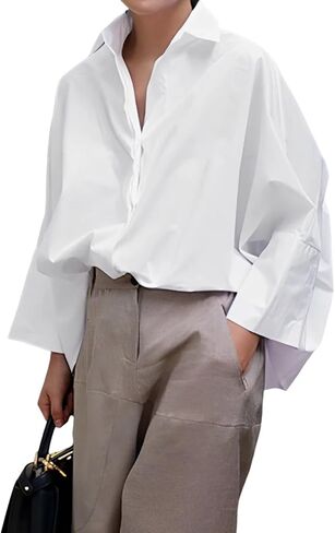 UOOZEE Womens Button Down Oversized Shirt Casual Long Sleeve Loose Fit Collared Work Blouse Tops, White L in Kuwait
