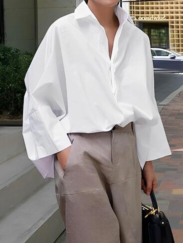 UOOZEE Womens Button Down Oversized Shirt Casual Long Sleeve Loose Fit Collared Work Blouse Tops, White L in Kuwait