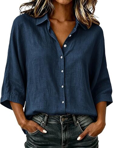 Linen Button Down Shirt Women Collared 3/4 Sleeve Flowy Tops Business Casual Cotton Shirts Dressy Work Travel Blouses in Kuwait