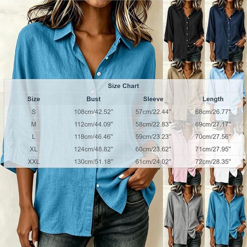 Linen Button Down Shirt Women Collared 3/4 Sleeve Flowy Tops Business Casual Cotton Shirts Dressy Work Travel Blouses in Kuwait