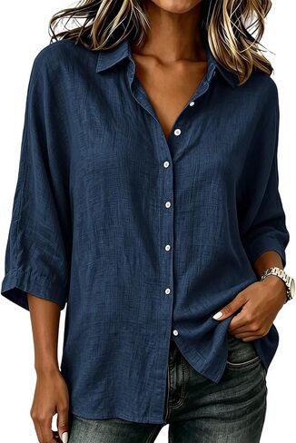 Linen Button Down Shirt Women Collared 3/4 Sleeve Flowy Tops Business Casual Cotton Shirts Dressy Work Travel Blouses in Kuwait