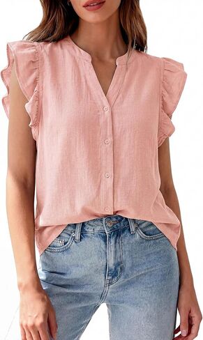 Zenlonr Women's Ruffle Short Sleeve Summer Tops 2026 V Neck Button Down Shirt Solid Color Going Out Tops in Saudi Arabia