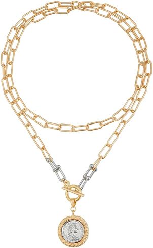 QCWN Chunky Gold Coin Necklace for Women 18K Plated Antique Medallion Pendant 18 Inch Toggle Clasp Thick Chain Layered Vintage Fashion Jewelry Gift in Saudi Arabia