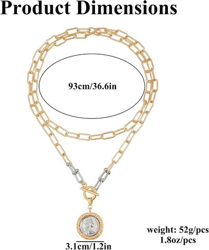 QCWN Chunky Gold Coin Necklace for Women 18K Plated Antique Medallion Pendant 18 Inch Toggle Clasp Thick Chain Layered Vintage Fashion Jewelry Gift in Saudi Arabia