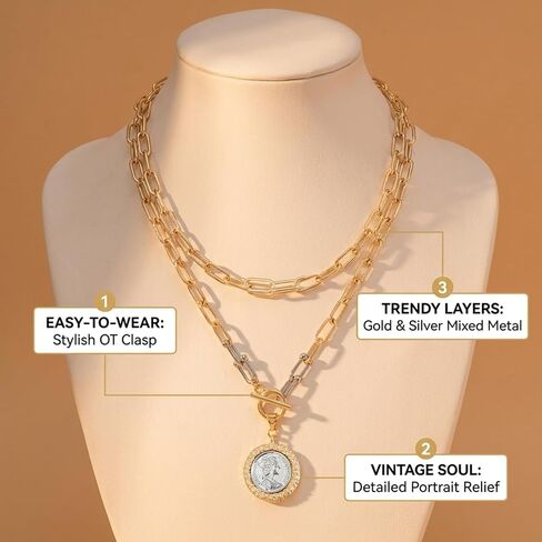 QCWN Chunky Gold Coin Necklace for Women 18K Plated Antique Medallion Pendant 18 Inch Toggle Clasp Thick Chain Layered Vintage Fashion Jewelry Gift in Saudi Arabia