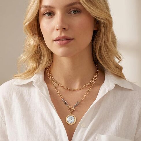 QCWN Chunky Gold Coin Necklace for Women 18K Plated Antique Medallion Pendant 18 Inch Toggle Clasp Thick Chain Layered Vintage Fashion Jewelry Gift in Saudi Arabia