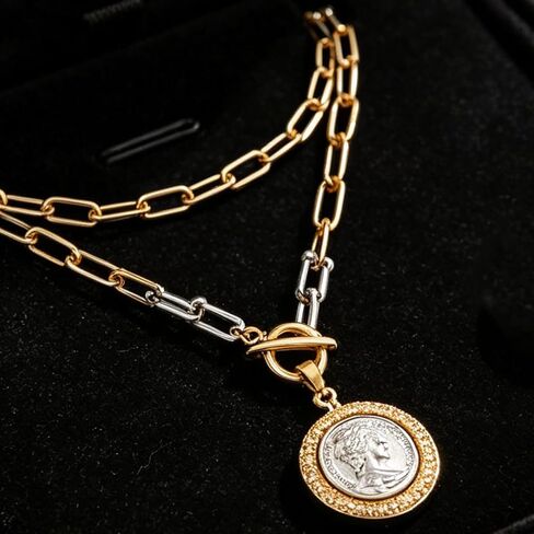 QCWN Chunky Gold Coin Necklace for Women 18K Plated Antique Medallion Pendant 18 Inch Toggle Clasp Thick Chain Layered Vintage Fashion Jewelry Gift in Saudi Arabia