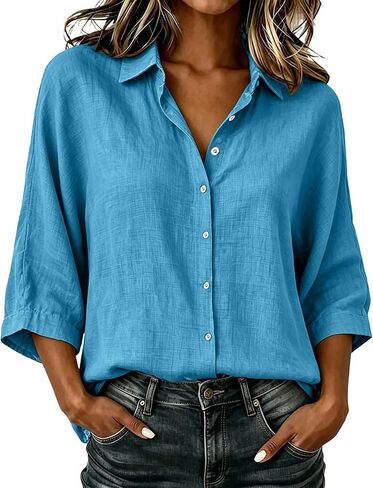 Linen Button Down Shirt Women Collared 3/4 Sleeve Flowy Tops Business Casual Cotton Shirts Dressy Work Travel Blouses in Kuwait