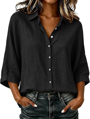 Linen Button Down Shirt Women Collared 3/4 Sleeve Flowy Tops Business Casual Cotton Shirts Dressy Work Travel Blouses in Kuwait