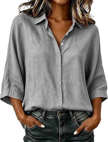 Linen Button Down Shirt Women Collared 3/4 Sleeve Flowy Tops Business Casual Cotton Shirts Dressy Work Travel Blouses in Kuwait