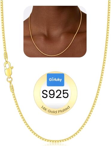 1.0mm 1.3mm Box Chain 925 Sterling Silver Chain Necklace for Women, 14K Gold Plated Chains for Women Sturdy Women's Chains Necklace 16 18 20 22 24 26 Inch in Kuwait