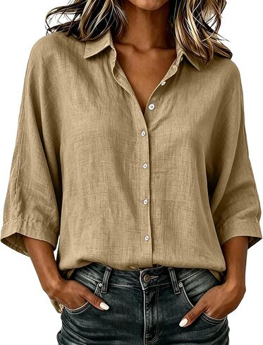 Linen Button Down Shirt Women Collared 3/4 Sleeve Flowy Tops Business Casual Cotton Shirts Dressy Work Travel Blouses in Kuwait
