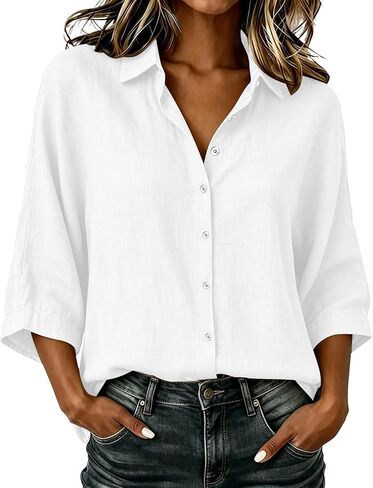 Linen Button Down Shirt Women Collared 3/4 Sleeve Flowy Tops Business Casual Cotton Shirts Dressy Work Travel Blouses in Kuwait
