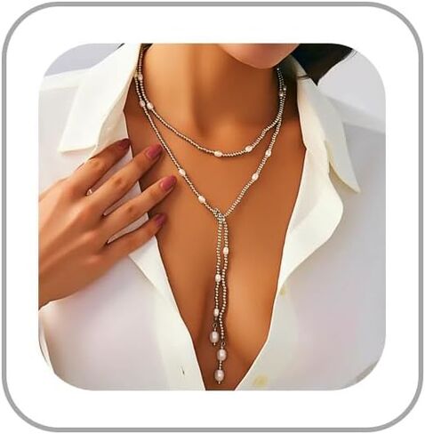 Statement Long Necklaces for Women Vintage Layered Beaded Long Chain Necklaces Boho Y Shaped Tassel Long Pearl Necklace Statement Bead Necklace Jewelry Gift for Women in Kuwait