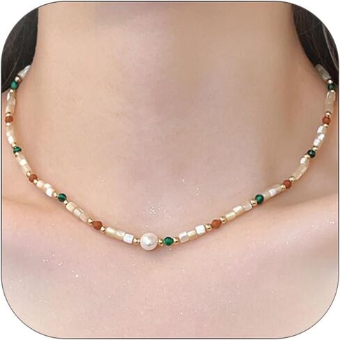 Colorful Necklace for Women Trendy Beaded Chain with Natural Freshwater Pearl Stone Necklaces Summer Beach Choker Jewelry Gift in Kuwait