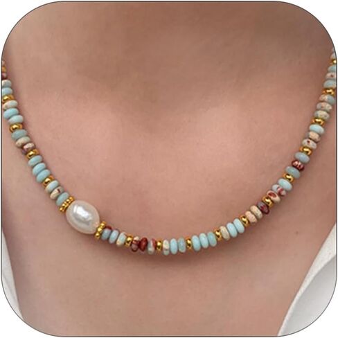 Colorful Necklace for Women Trendy Beaded Chain with Natural Freshwater Pearl Stone Necklaces Summer Beach Choker Jewelry Gift in Kuwait