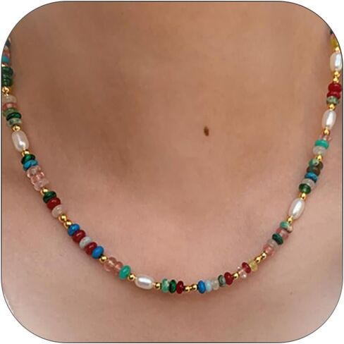 Colorful Necklace for Women Trendy Beaded Chain with Natural Freshwater Pearl Stone Necklaces Summer Beach Choker Jewelry Gift in Kuwait