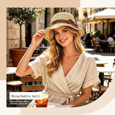 قبعة شمسية أنيقة من القش مع فيونكة مكشكشة للنساء، قبعة كروشيه مصنوعة يدويًا بحافة عريضة قابلة للطي ومسامية، أنيقة للصيف والشاطئ والسفر في الهواء الطلق باللون البيج in Kuwait