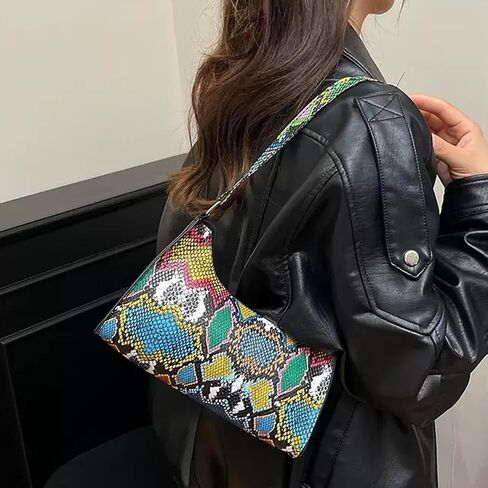 Colourful Shoulder Bag for Women,Multicolor Snake Pattern Hobo Purses Tote Handbags Clutch Underarm Purse with Zipper Closure in Saudi Arabia