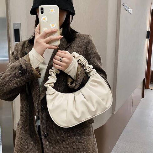 Small Ruched Purse, Chic Pouch Bag Cute white Purse, Leather Vintage Hobo White Pocketbooks for Women with Magnetic Clasp, Fashionable for Women in Saudi Arabia