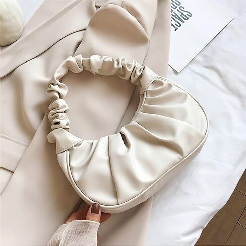 Small Ruched Purse, Chic Pouch Bag Cute white Purse, Leather Vintage Hobo White Pocketbooks for Women with Magnetic Clasp, Fashionable for Women in Saudi Arabia