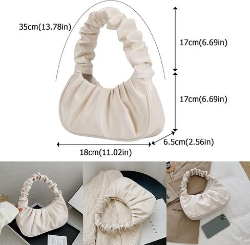 Small Ruched Purse, Chic Pouch Bag Cute white Purse, Leather Vintage Hobo White Pocketbooks for Women with Magnetic Clasp, Fashionable for Women in Saudi Arabia