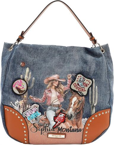 Nicole Lee Sofia Montana Denim Hobo Bag, Blue,Cotton Denim with Faux Vegan Leather Embellished with Patches and Rhinestones, Detachable Shoulder Strap Fall (SOFIA MONTANA) in Saudi Arabia