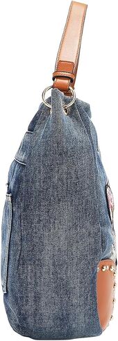 Nicole Lee Sofia Montana Denim Hobo Bag, Blue,Cotton Denim with Faux Vegan Leather Embellished with Patches and Rhinestones, Detachable Shoulder Strap Fall (SOFIA MONTANA) in Saudi Arabia