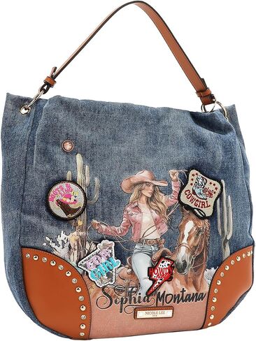 Nicole Lee Sofia Montana Denim Hobo Bag, Blue,Cotton Denim with Faux Vegan Leather Embellished with Patches and Rhinestones, Detachable Shoulder Strap Fall (SOFIA MONTANA) in Saudi Arabia
